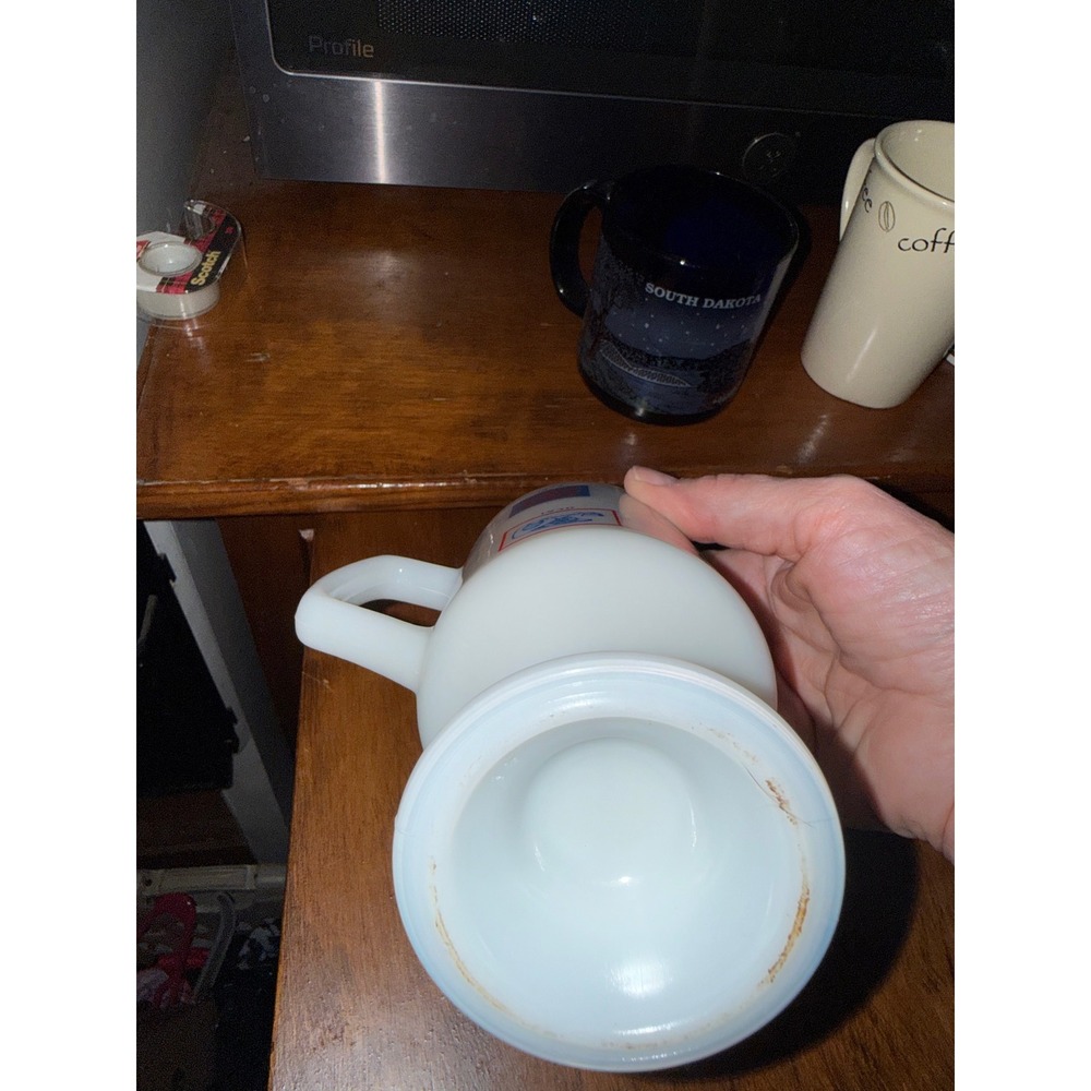 Vintage Milk Glass Telephone History Pedestal Mug Red Blue Graphic Timeline - Picture 4 of 4
